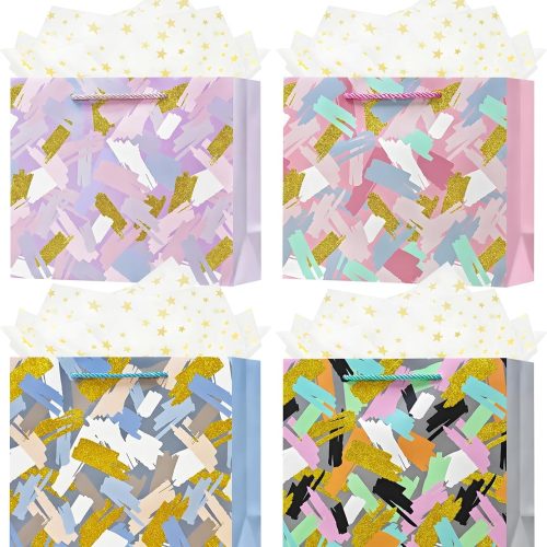 OFIHANLY 4Pcs 9.8" Small Size Gift Bag with Handles for Women Men Boy Girls Baby Kids Gold Glitter Gift Wrap Bags with Tissue Paper for Birthday, Party, Wedding, Bridal Shower, Anniversary