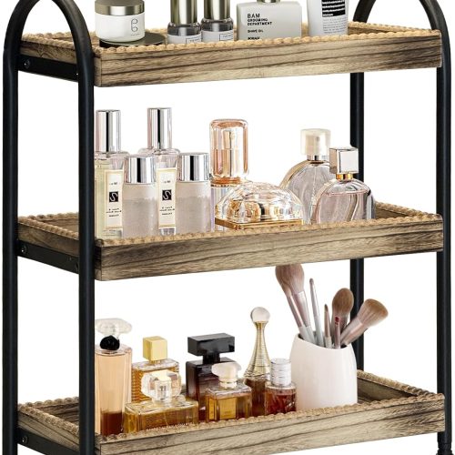 2-Tier Bathroom Countertop Organizer, Wood Bead Storage Shelf, Mordern Tray, Bathroom Shelf and Decor, Vanity Tray for Living Room, Kitchen (3 Tier)