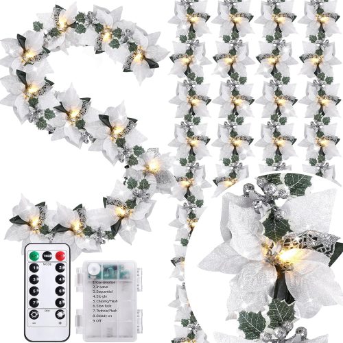 5 Pcs Prelit Poinsettia Winter Garland with Lights Glitter Holly Leaf Berry 6.5 Ft Lighted Garland Remote Timer 8 Modes Battery Operated for Wedding Indoor Outdoor Decor(White Silver)