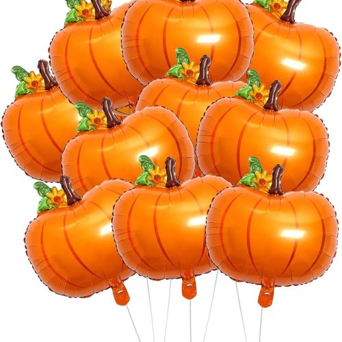 10Pcs Thanksgiving Pumpkin Balloons Set, 21in Orange Pumpkin Foil Mylar Balloons for Fall Autumn Harvest Home Party Decorations
