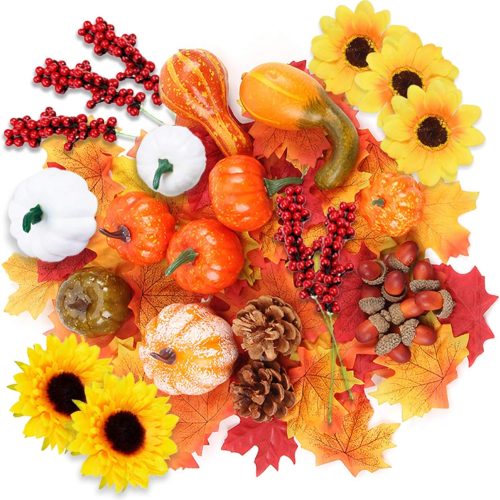 96Pcs Halloween Artificial Pumpkin and Gourd Maple Leaf Sunflower Red Fruit Pine Cone Acorn Harvest Mixed Small Fake Pumpkin Thanksgiving Halloween Party Decoration