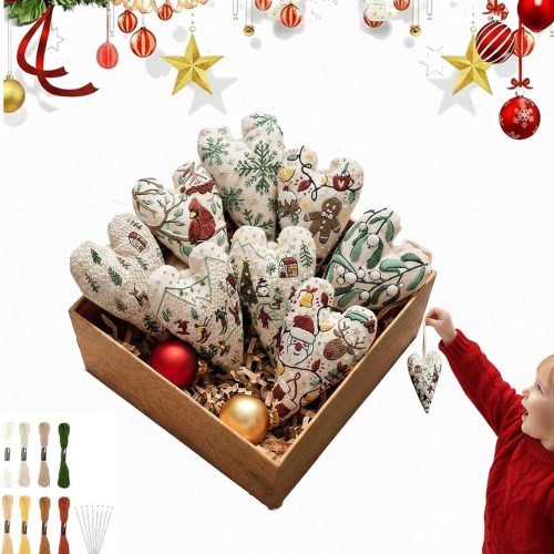 8pack Embroidery Christmas Ornament Kits, diys Heart Embroidery Christmas Decoration, Hand Embroidery Christmas Tree Hanging Ornament, Heart crosss stitchs Kits with Needles and Thread, Giftss