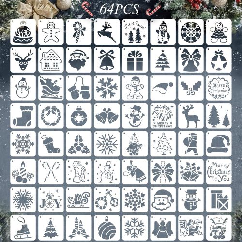 64 Pcs Christmas Stencils for Painting, 3 Inch Christmas Stencils for Crafts Reusable DIY Xmas Stencils for Drawing Snowflake Stencil for Wall Art, Home Decor Art Card Coasters Canvas Window Décor