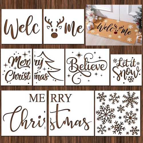 Frienda 9 Pcs Christmas Stencils for Door Mats Reusable Heart Love Welcome Templates Large Stencils for Drawing DIY Painting on Wood Floor Doormat Crafts(Assorted Sizes)