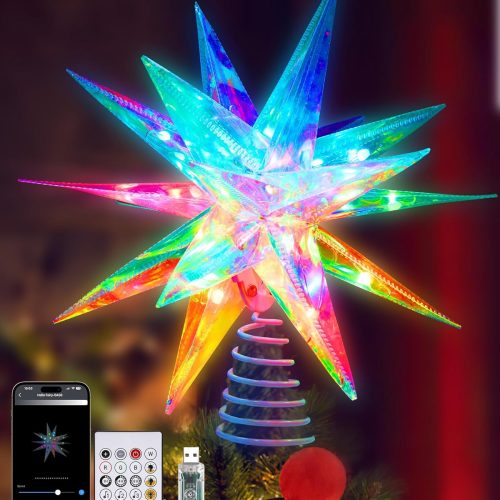 RGB LED Christmas Tree Topper Star - APP-Controlled, USB Powered, Decorative 10.6" Christmas Star with Timer, Perfect for Small Ornaments and Indoor Xmas Parties - Multi-Color Lighting