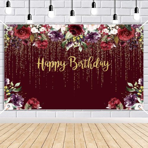 Happy Birthday Banner Red Rose Birthday Party Decorations for Women Floral Gold Glitters Birthday Party Supplies Decor for Photo Booth Props,70.8x43.3 Inch
