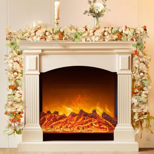 9ft 2Packs Fall Decorations for Home Fall Garland with White Pumpkins Maple Leaves Thanksgiving Garland for Outdoor Indoor Harvest Mantle Fireplace Table Centerpiece Halloween Fall Decor（18ft Total）