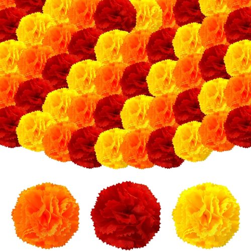 Rainmae 150pcs Marigold Flower Heads Bulk, Yellow Red Orange Silk Marigold Flowers Artificial for Diwali Home Decoration DIY Wreath Garland, Day of The Dead Halloween Artificial Flowers, 2 Inch