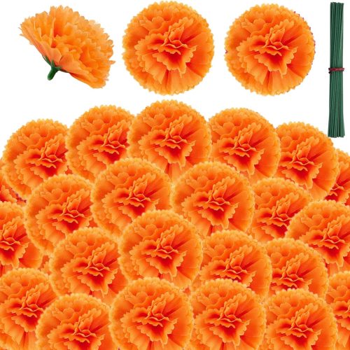 TUZAZO 50Pcs Marigold Flower Heads, Silk Marigolds with Stems Artificial Mexican Flowers for Diwali Home Decor Day of The Dead Decoration, DIY Wreath Garland (Orange)