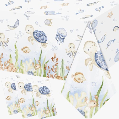 GREHUMOR 3Pcs Ocean Tablecloth Decoration Under The Sea Theme Party Supplies Sea Turtles Disposable Plastic Table Covers Underwater Sea Life Table Cloth for Ocean Baby Shower Birthday