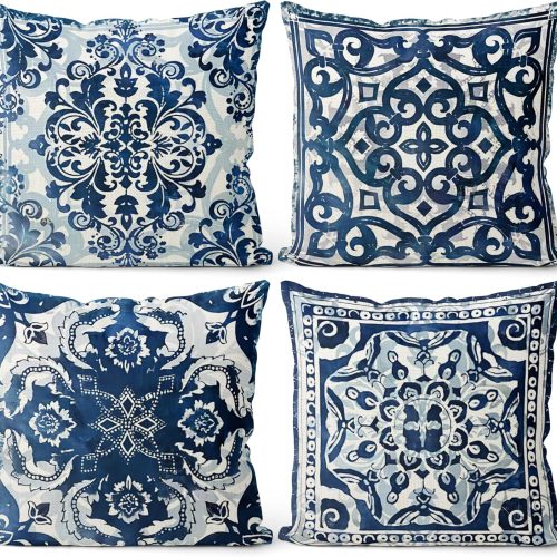 Vintage Blue and White Throw Pillow Covers 18x18 Set of 4, Retro Boho Ethnic Navy Blue Moroccan Tile Mediterranean Decorative Pillow Covers for Home Room, Chinoiserie Decor Pillowcases
