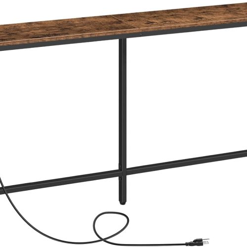 63" Console Table with Power Outlet, Narrow Sofa Industrial Entryway Behind Couch Table with USB Ports for Entryway, Hallway, Foyer, Living Room, Bedroom, Rustic Brown CTHR16E01Z