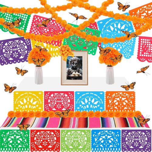 Zeyune Day of the Dead Ofrendas Decorations Altar Kit, Dia De Los Muertos Theme Set Include Orange Marigold Garlands Mexican Papel Picado Banner Monarch Butterfly Table Runner for Diwali Decoration