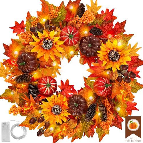 24 Inch Fall Wreaths for Front Door with Lights and Banner,Sunflower Wreath with Pine,Pumpkin and Berry,Large Autumn Wreath for Front Door Outside Indoors,Halloween Thanksgiving Farmhouse Fall Decor
