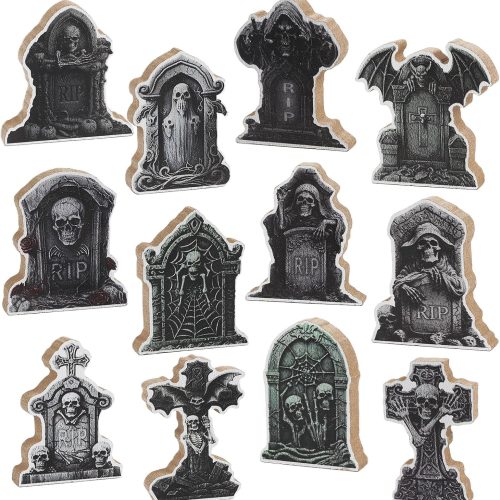 DIYASY 12 Pcs Halloween Miniature Tombstones Figurines, Mini Resin Graveyard Gravestone Tiny Village Headstones Accessories for Graves DIY Crafts Outdoor Home Fairy Garden Dollhouse Decor