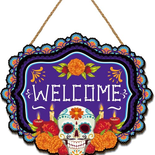 Day of The Dead Decorations Dia De Los Muertos Wooden Door Sign Mexican Sugar Skull Marigolds Floral Decor Day of The Dead Decorations for Home Party