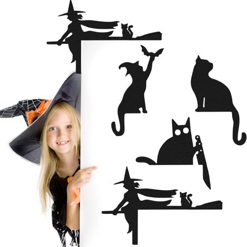 4 Pcs Halloween Door Topper Black Cats Silhouette Hanging Halloween Door Corner Halloween Door Frame Wooden Decor for Halloween Home and Party Door Decor Spooky Sign Funny Gifts for Friends Family