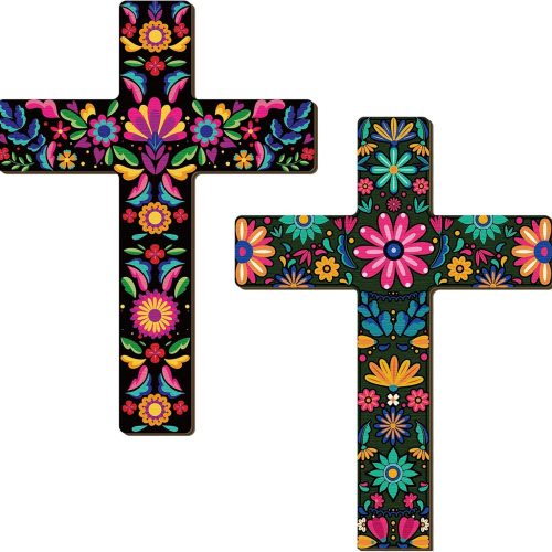 Pinkunn 2 Pcs Mexican Cross Wall Decor Floral Day of The Dead Decoration Hand Painted Wood Wall Art Día De Los Muertos Altar Decorations Spanish Cross Decor for Home (Floral)