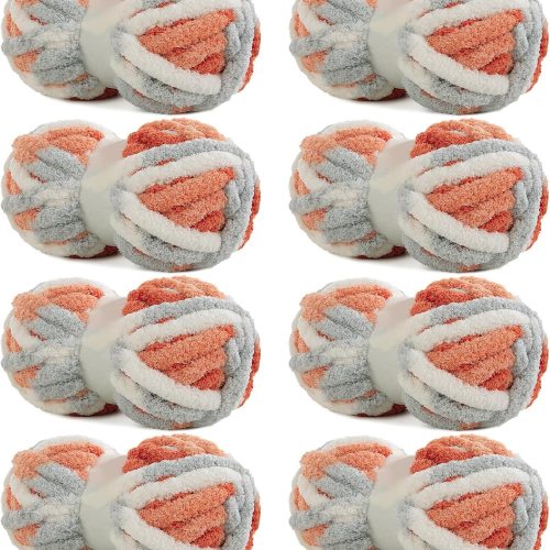 Hombys 8 Pack Giant Chunky Yarn for Crocheting & Knitting - Super Bulky Large Soft Fluffy Tie Dye Plush Fuzzy Mixed Color Thick Chenille Yarn (Orange, Light Grey, White)