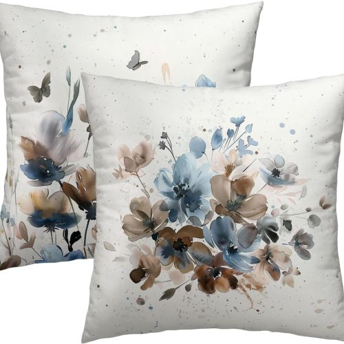 Floral Throw Pillow Covers Watercolor Blue Flowers Pillowcase Ink Art Style Home Decorative Soft Square Cushion Cover 18X18 Inch for Sofa Bedroom Living Room,Set of 2