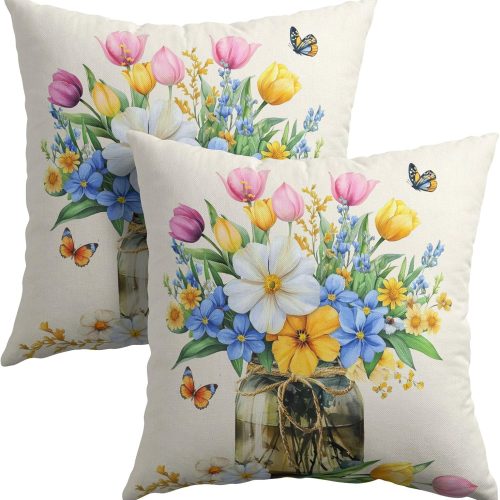 Spring Floral Butterflies Throw Pillow Covers 18X18 Inches Set of 2 Multi Colored Flowers Mason Jar Pillowcase Soft Cotton Linen Square Spring Cushion Covers for Home Sofa Patio Bedroom