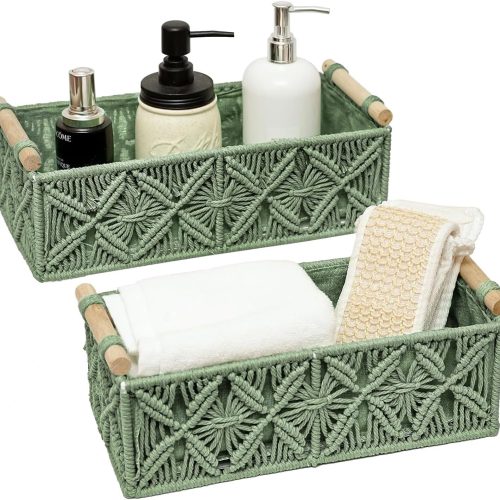 Macrame Boho Decor Baskets for Organizing Woven Decorative Basket for Countertop Toilet Paper Basket for Tank Top for Home Decor Bedroom Nursery Livingroom Entryway (Set of 2,Green)