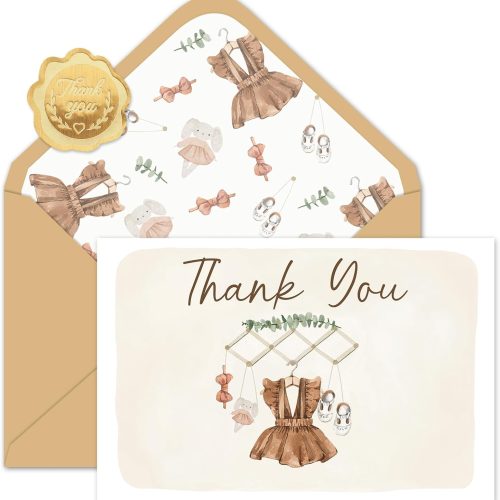 50 Pack Baby Shower Thank You Cards Boxed Vintage Khaki Cloth Note Card with Envelopes Stickers Greeting Blank Cards for Fall Girl Birthday Baby Shower Gender Reveal