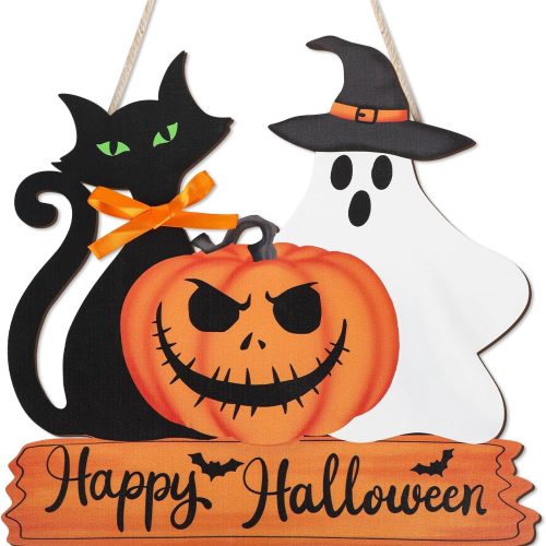 Happy Halloween Door Sign Wooden Ghost Pumpkin Black Cat Door Wreath Halloween Hanging Decorations for Porch Wall Supplies (Classic)