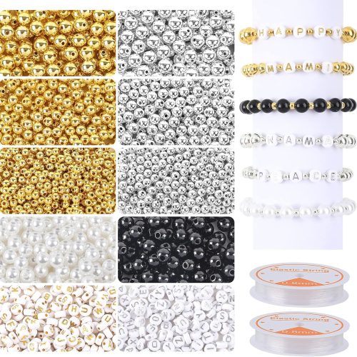 1800Pcs Silver & Gold Round Spacer Beads 3 Sizes Smooth Loose Ball Beads Alphabet Pearls Beads and 2 Rolls Elastic String for DIY Craft Making Supplies