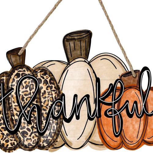 Thankful Sign Fall Pumpkin Front Door Decor Thanksgiving Day Wood Door Hanger, Autumn Wooden Give Thanks Leopard Wreath Hanging Decoration for Outdoor Outside Porch