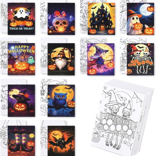 12 Packs Halloween Pre Drawn Canvas to Paint, Pre Printed Canvas for Painting, Pre Stretched Canvas Outline Painting Boards for Beginners, Students, Party Favors(5 * 7in)