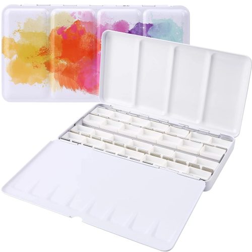 Empty Watercolor Palette, Empty Watercolor Tin with Fold Out Palette, Large Colorful Watercolor Tray Palette with 28 Empty Full Pans for Plein Air Painting and Sketching