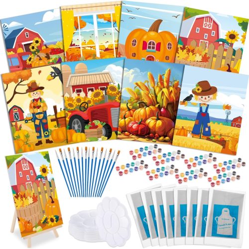 72 Pieces Pre Drawn Canvas Kit 8" x 10" Paint and Sip Kit for Adults DIY Painting Party Pre Printed Stenciled Canvas with Design Easels Aprons Brushes for Party Gifts (Fall)