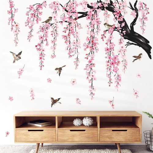 Large Flower Tree Branch Wall Stickers Pink Cherry Blossom Floral Birds Wall Art Decals for Living Room Bedroom TV Wall (150cm*143cm)