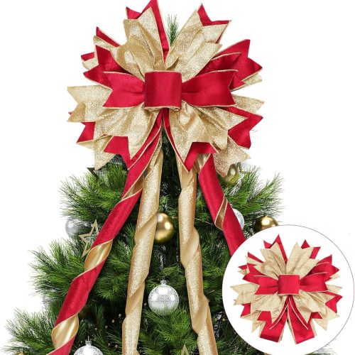 Christmas Tree Topper Bow with Streamers, 53x13 Inches Xmas Large Topper Bow Red Velvet Bows with Glitter Powder for Xmas Ornament Indoor/Outdoor Decor