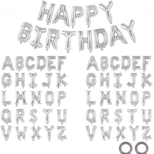 65 Pcs Silver Happy Birthday Balloons and 2 Sets A-Z Letters Foil Balloons, 16 Inch Personalized Name Happy Birthday Banners for Wedding Baby Shower Anniversary Party Decorations (Silver)
