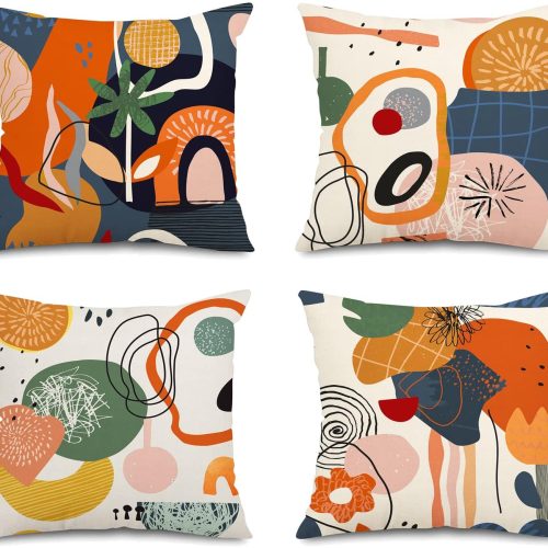 1 Abstract Mid Century Modern Throw Pillow Covers 18x18 Colorful Boho Orange Aesthetic Floral Geometric Pillow Covers for Couch Outdoor Decor Set of 4