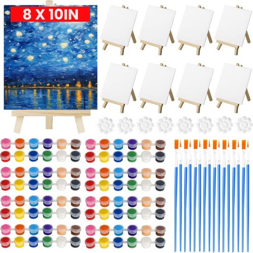 8 Pack 8x10 Inch Canvas and Easel Set, Art Canvases Bulk with Easel Stand, 12 Colors Mini Acrylic Paint Set, Small Paint Brushes, Paint Trays, Canvas Painting Kit for Adults Kids Paint Party Supplies