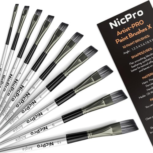 10 PCS Angular Paint Brush Set, Nylon Hair Angled Paint Brushes for Acrylic, Watercolor, Oil, Gouache, Craft, Detail Face Body Art Painting, Base Coating, Artist Paintbrush Kit for Kid & Adult