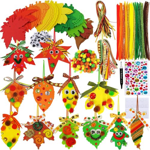 48 Sets Fall Craft Kits Fall Leaves Ornaments Decorations Art Sets Pom-Poms Googly Eyes Autumn Leaf Foam Stickers Arts and Crafts for Kids Thanksgiving Halloween Classroom Party Activities