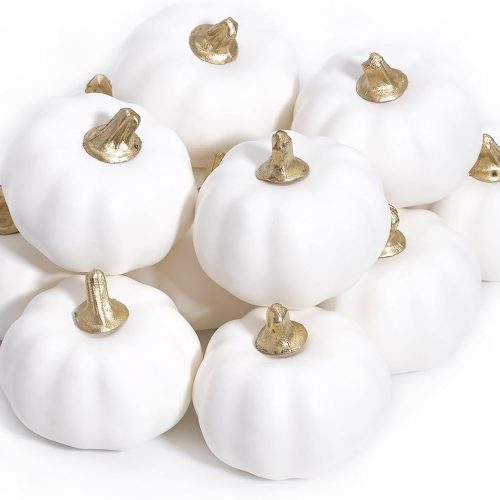 Pumpkin Decor Set of 12 Artificial Fake Faux Foam White Pumpkins Rustic Farmhouse Harvest Thanksgiving Mantel Table Centerpiece Autumn Fall Home Decoration