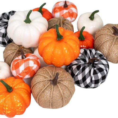 16 PCS Fall Decor Assorted Sizes Artificial Pumpkins Burlap Faux Foam Pumpkin for Harvest Autumn Season Halloween Thanksgiving Holiday Festive Embellishing and Displaying