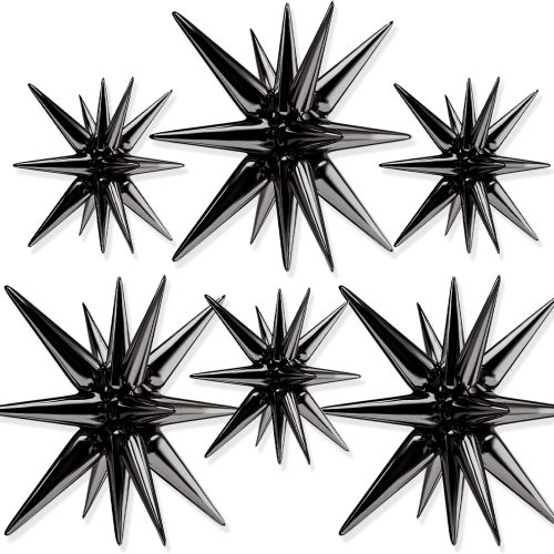 Black Star Foil Balloons 6pcs Different Sizes Pack of 27 22 Inch Large Black Starburst Spike Mylar Balloons for Graduation Birthday Retirement Anniversary Space Theme Party Decorations