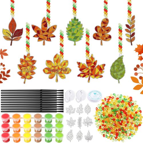 36 Sets Fall Crafts Kit Pumpkin Leaf Suncatchers Paint Your Own Autumn Window Hanging Ornaments Decorations DIY Thanksgiving Activities Arts Classroom Project Harvest Party Favors(Leaf)