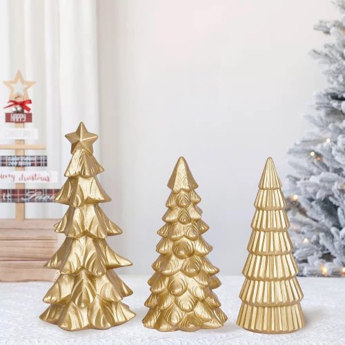 Gold Christmas Tree Figurines Tabletop Tree Set of 3 Small Resin Christmas Trees Figurine Home Decor Decorative Xmas Trees for Table Indoor Decorations Elegant Fireplace Living Room Centerpieces
