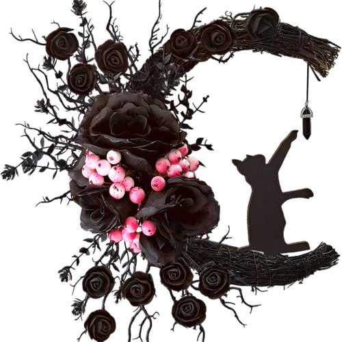 Spooky Halloween Wreath - 2025 Upgrade Black Cat Moon Door Decor with Lights for Indoor Outdoor Party Wall, Unique Crescent Moon Wreath Design, Perfect Halloween Decorations for Front Door (Black)