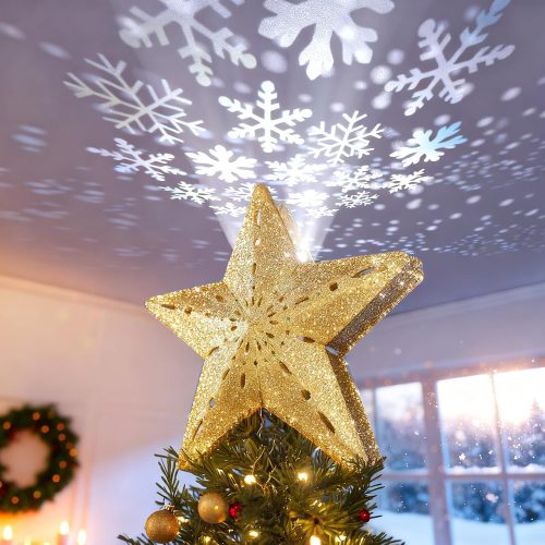 Christmas Tree Topper Lighted Star [Gold],3D Hollow Sparkling Star Christmas Tree Topper with Rotating Magic Cool White Snowflake Projector for Christmas Tree Ornament (Gold)