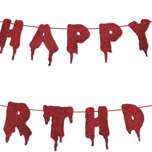 Red Glittery Happy Birthday Halloween Banner - Halloween Hanging Paper Garland Bunting Banner Bloody Bat Vampire Decorations, Photo Backdrop for Wall Home Mantle Office Wall Scary Party Supplies