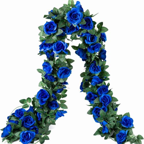 2 Pack (16FT) Artificial Rose Vine Fake Flowers Garland Hanging Silk Rose Ivy Plants Vine for Father's Day,Wedding Arch Party Garden Home Aesthetic Art Décor (Royal Blue)