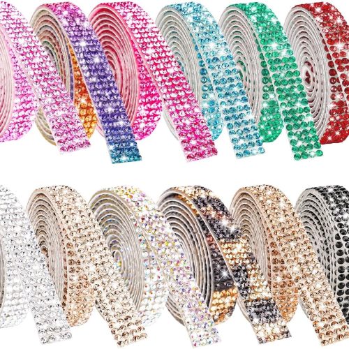 Self Adhesive Crystal Rhinestone Diamond Ribbon 12 Rolls 0.9cm Wide Total 12 Yards Multi-Functional DIY Decorative Bling Gemstone Arts Crafts Sticker Tape Glitter Shoes Clothes (Assorted Colors)